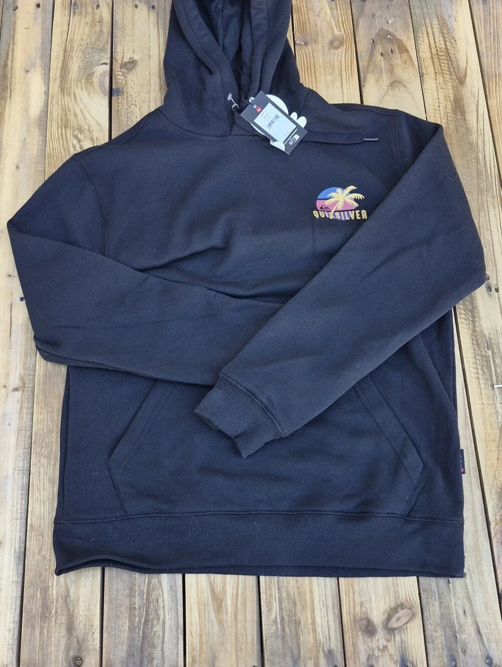 Quiksilver Black Hoodie with Yellow & Pink Tropical Graphic